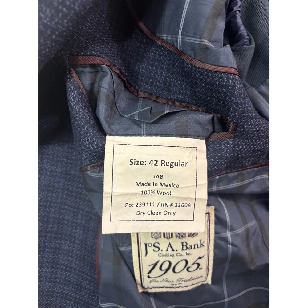 Jos A Bank 42R Navy Blue Check Flannel Wool Blazer Jacket Sport‎ Suit Coat 1905